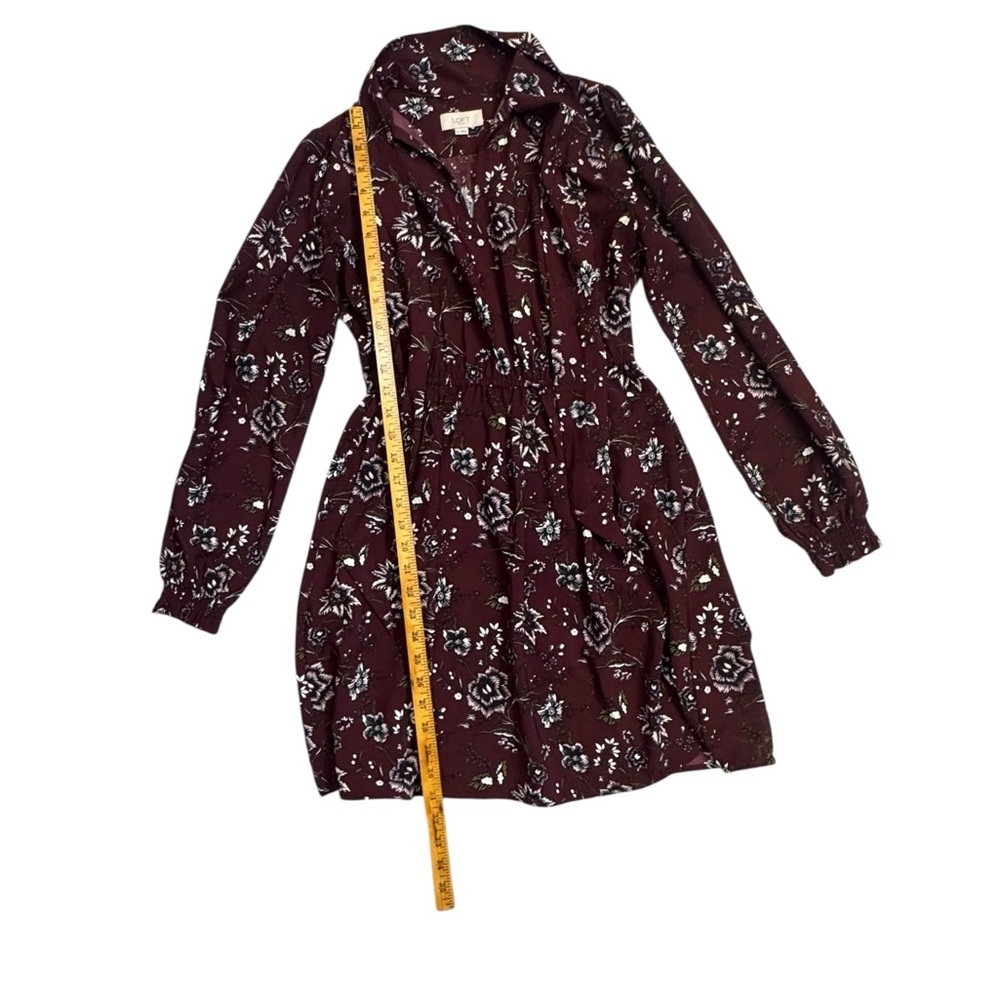 LOFT Floral Tie Neck Mini Dress XS Burgundy Long Sleeve - Picture 4 of 7